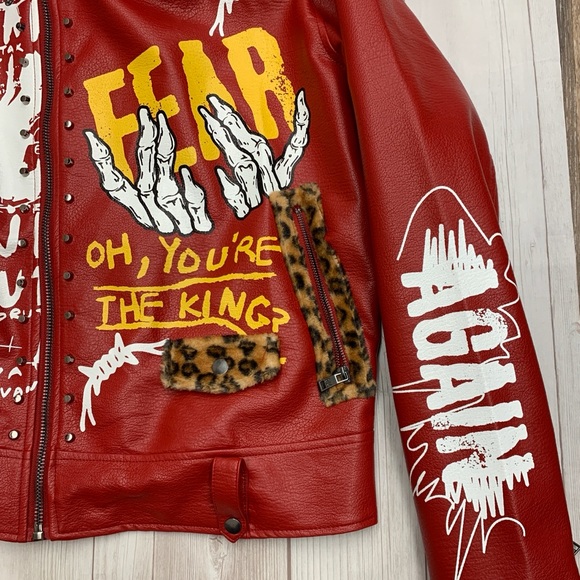 R3BEL MENS LEOPARD COLLAR BIKER  Bomber JACKET Large Retail 250$ Graphic Print - Picture 3 of 12